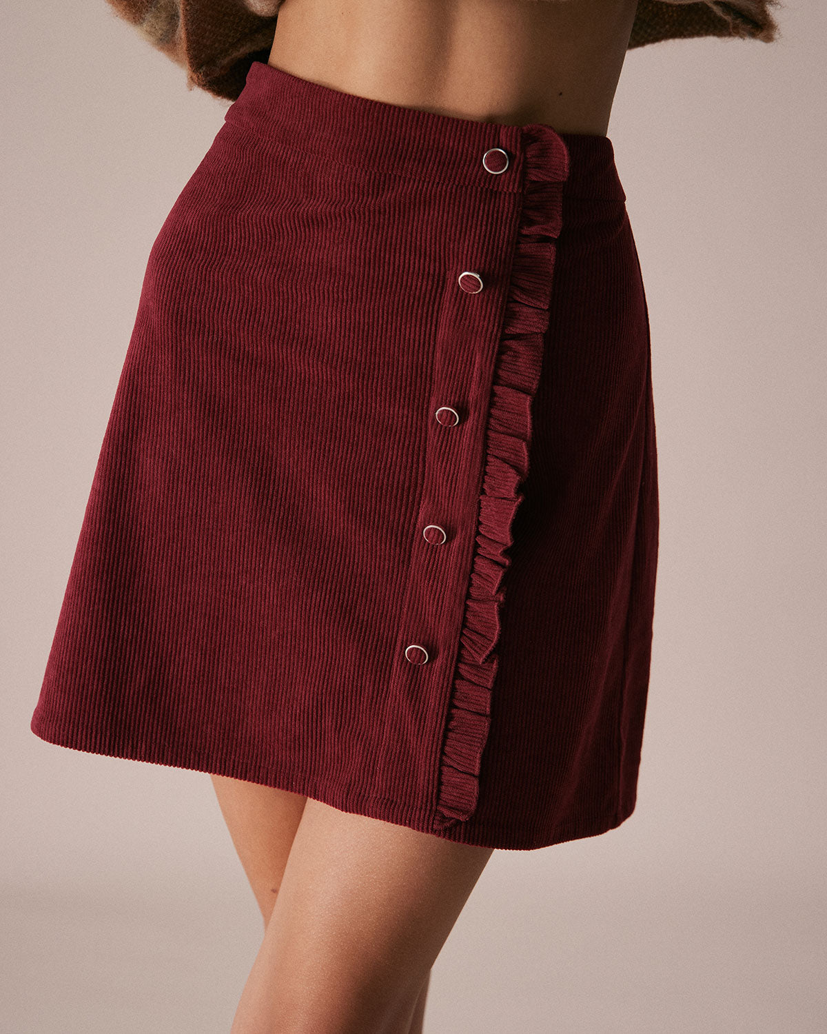 The Red Corduroy Ruffle Button Mini Skirt