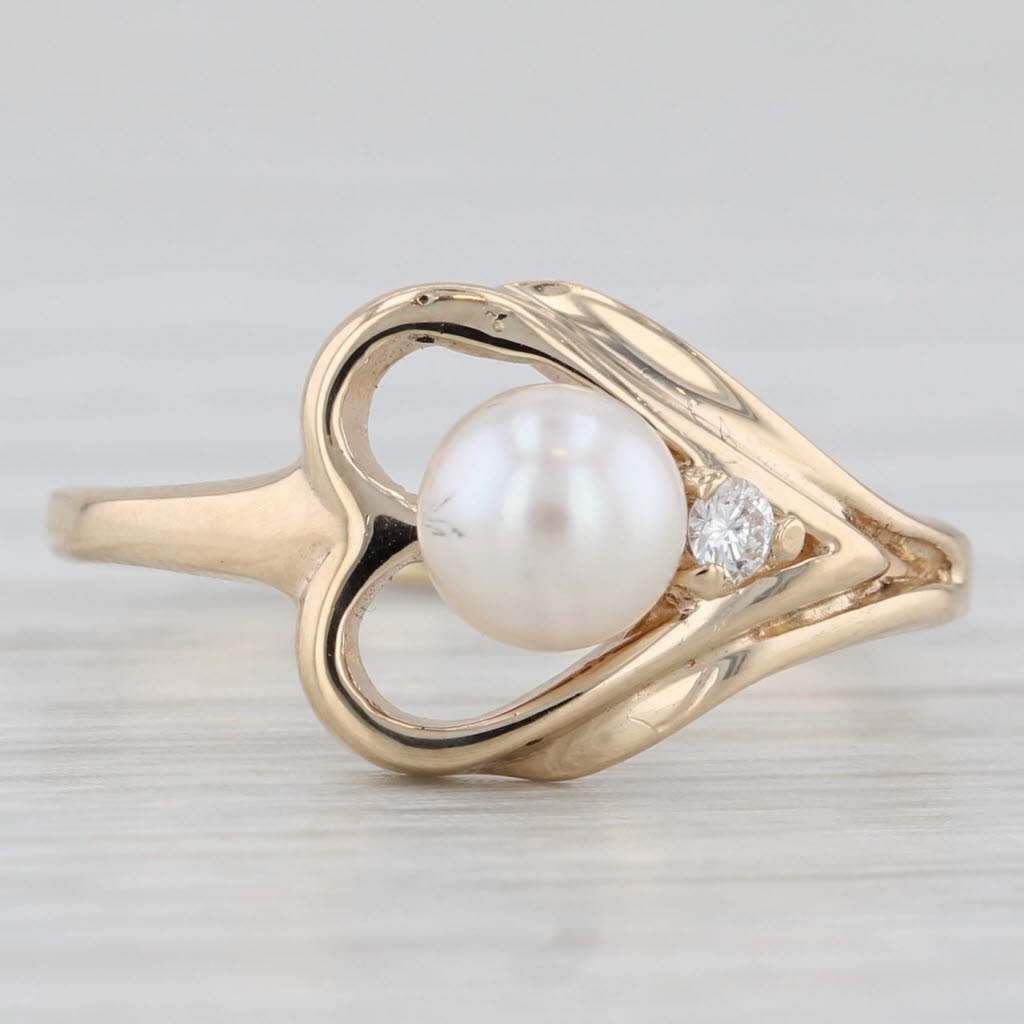 Cultured Pearl Diamond Heart Ring 14k Yellow Gold Size 5.5