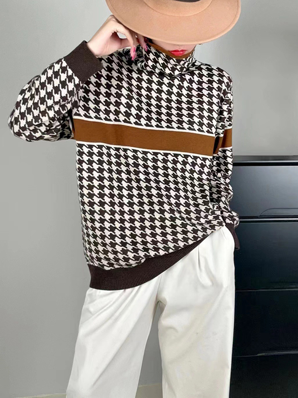 Long Sleeves Loose Contrast Color Houndstooth Split-Joint High Neck Pullovers Sweater Tops