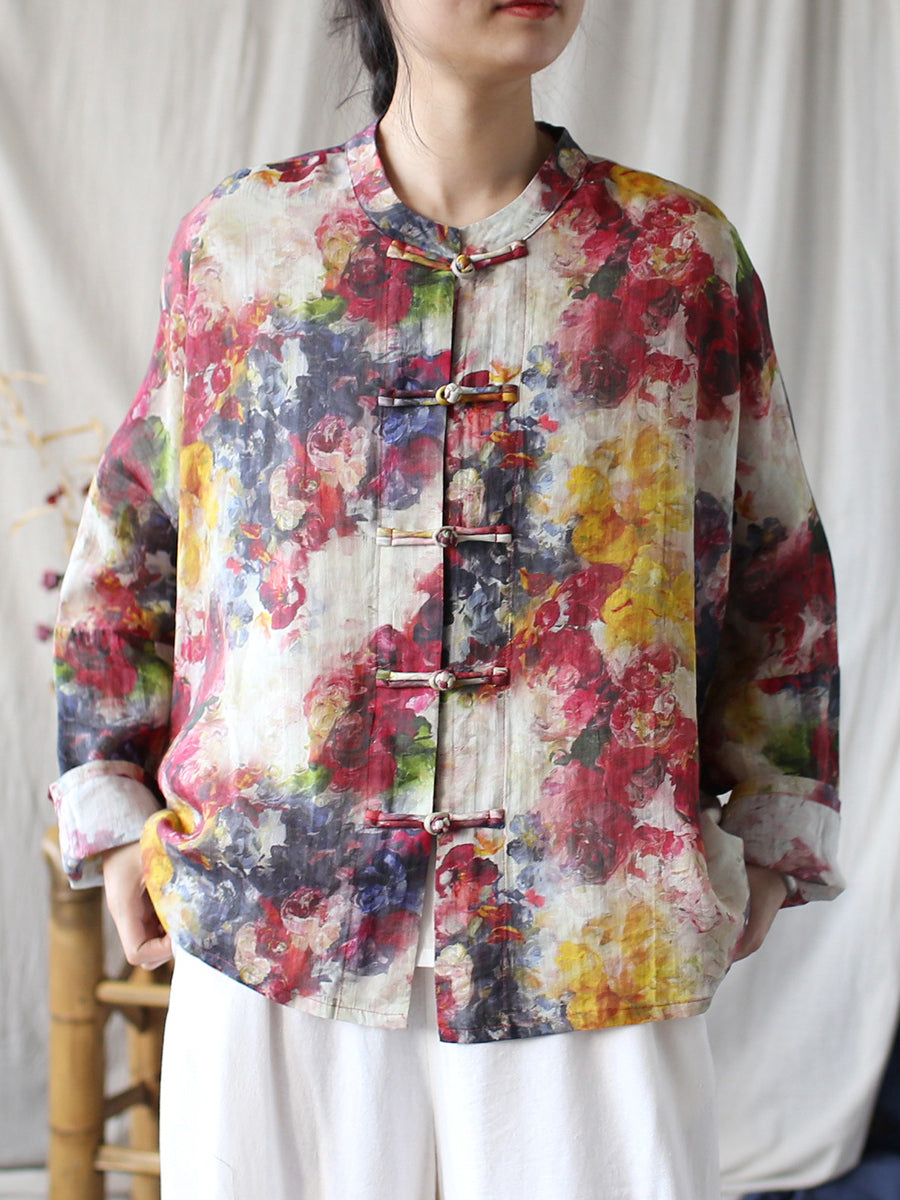 Women Summer Ethnic Flower Ramie Shirt Coat