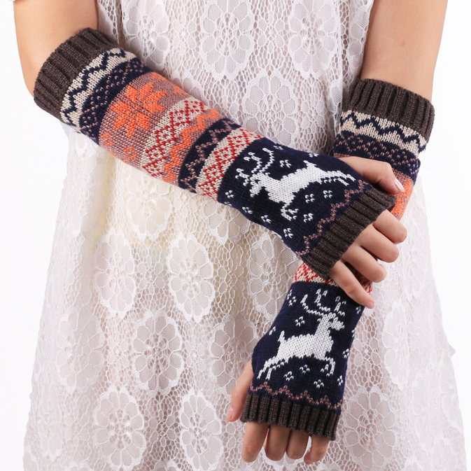 Retro Deer Snowflake Half Finger Long Gloves