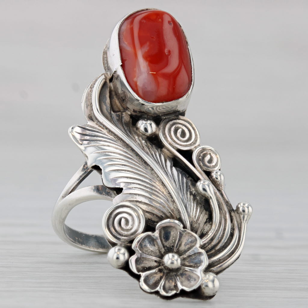 Vintage Yazzie Navajo Native American Coral Feather Ring Sterling Silver