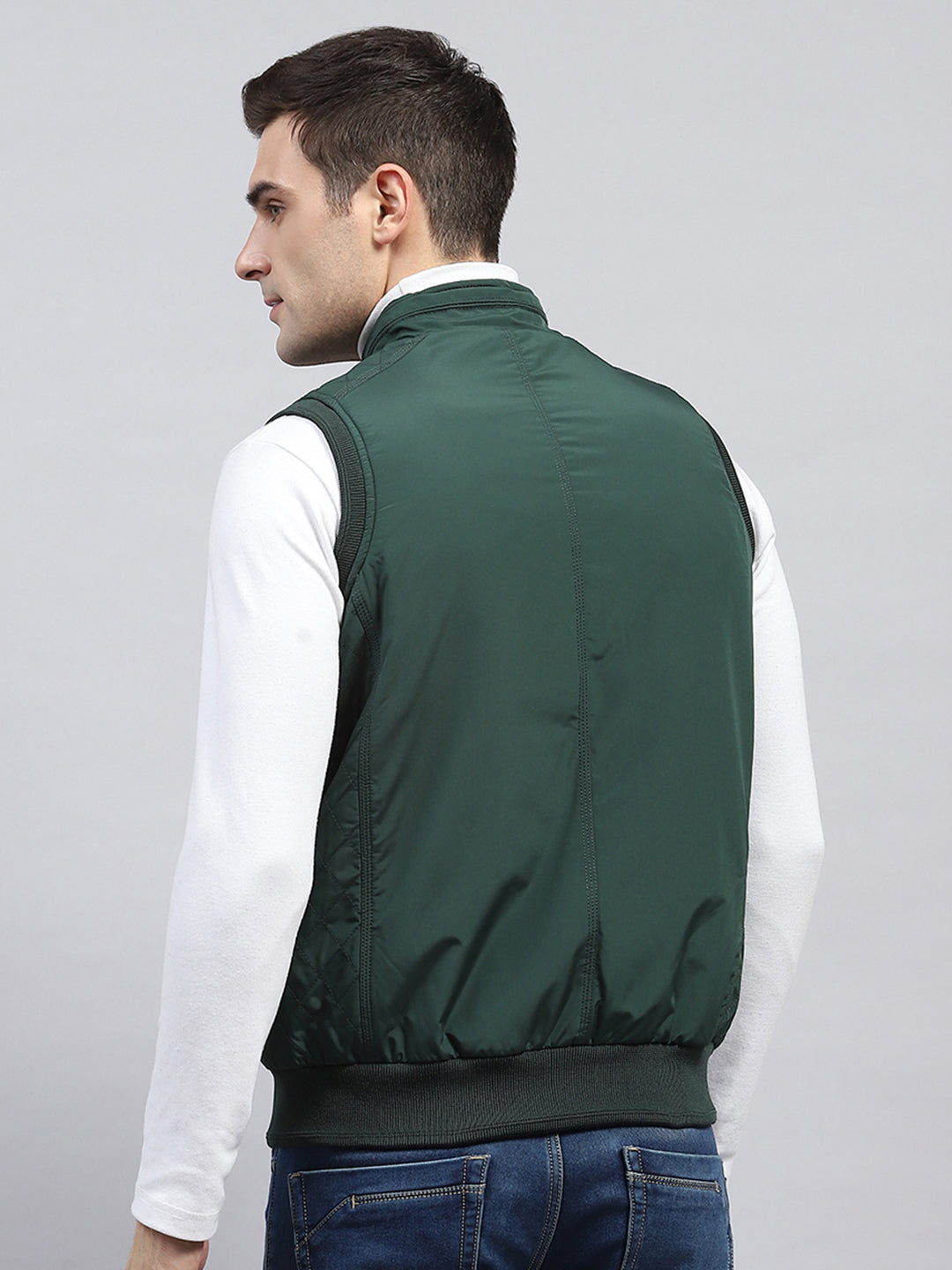 Men Green Solid Mock Neck Sleeveless Reversible Jacket