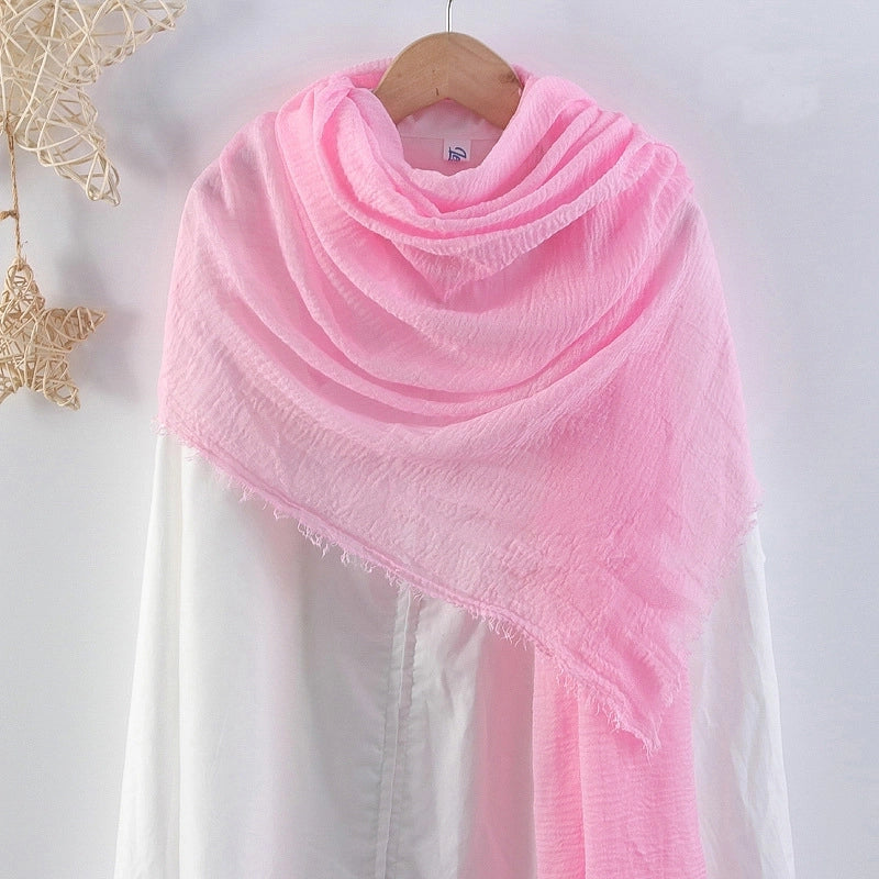 Hot Selling Solid Color Pleated Cotton And Linen Scarf Women's Bag Headscarf Crumpled Hair Fringe Bubble Scarf Women's Scarf Cover Head