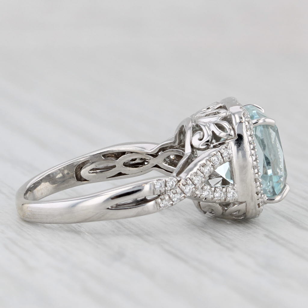 3.55ctw Aquamarine Diamond Halo Ring 14k White Gold Floral Bridge Size 6.25