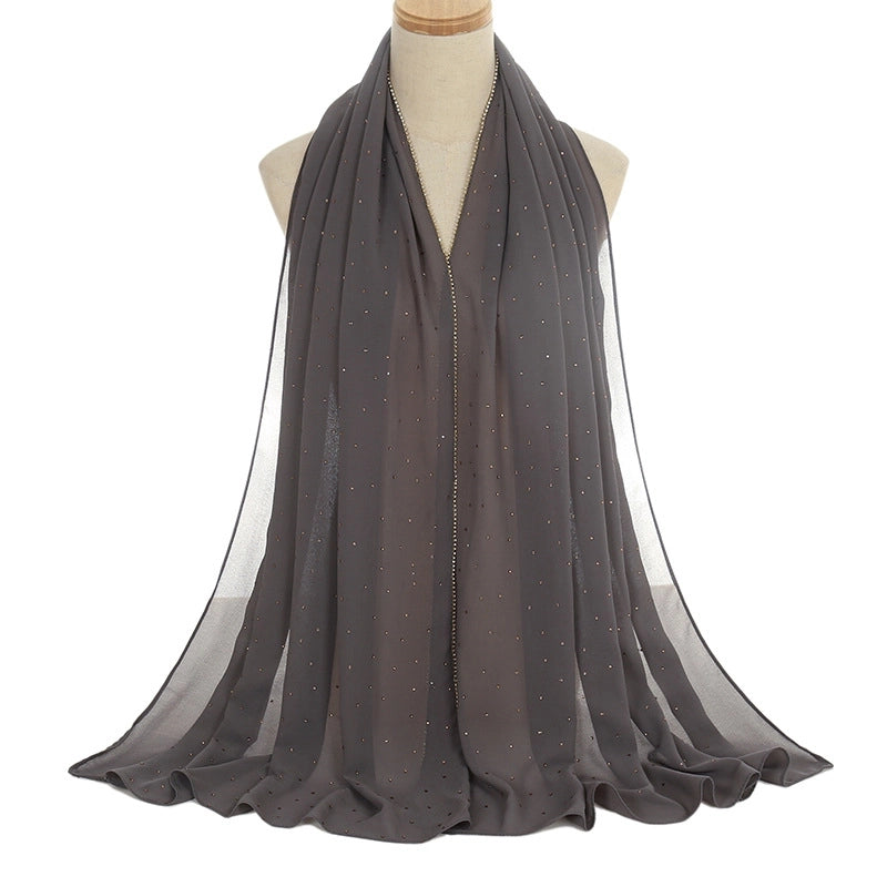 New Rhinestone Chain Pearl Chiffon Long Scarf Casual Diamond Headscarf Scarf Scarf Women's Scarf