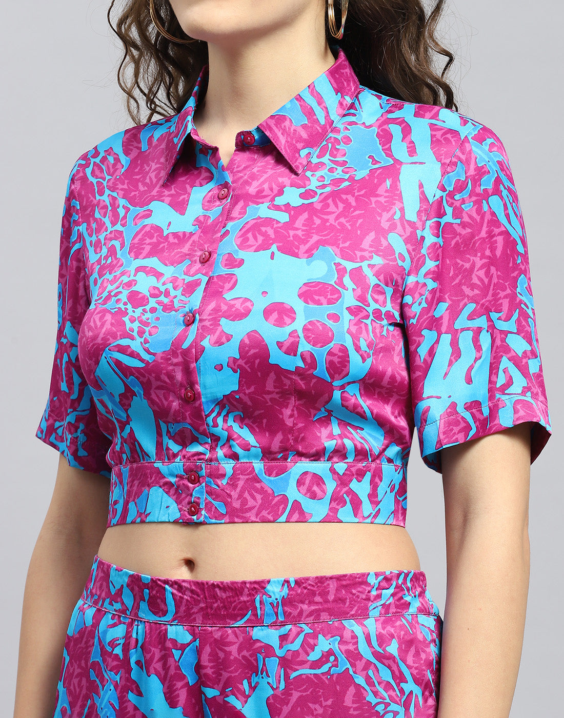 Women Magenta Printed Collar Half Sleeve Cords Set