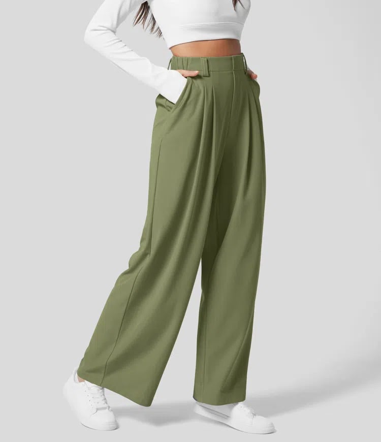 High Waisted Plicated Side Pocket Wide Leg Waffle Work Pants