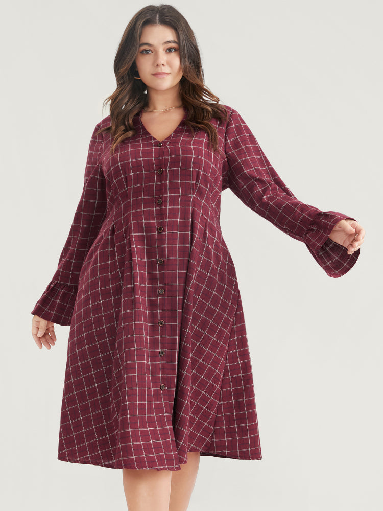 Gingham Pocket Button Up Bell Sleeve V Neck Dress Without Belt