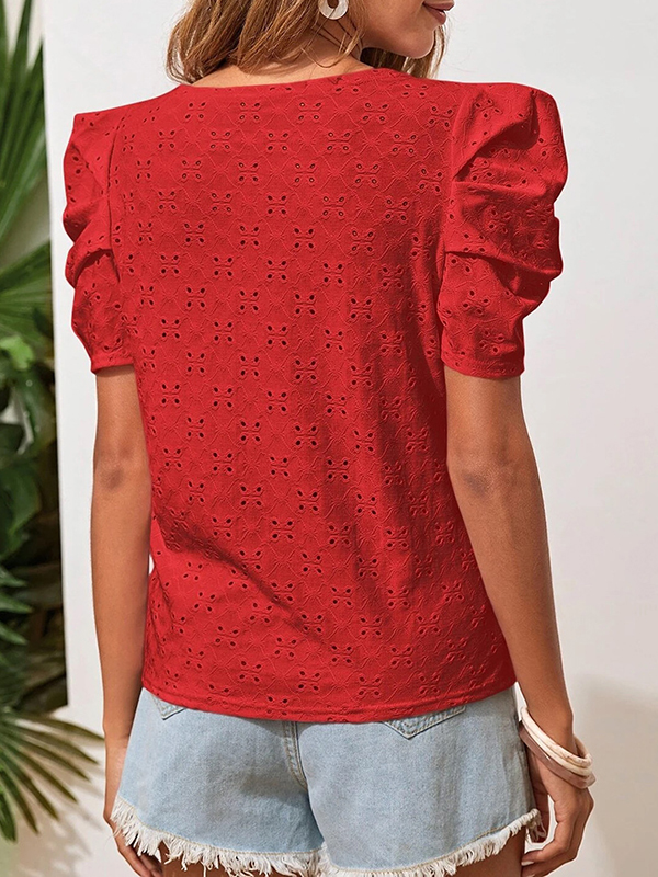 Loose Short Sleeves Hollow Pleated Solid Color Round-Neck T-Shirts Tops