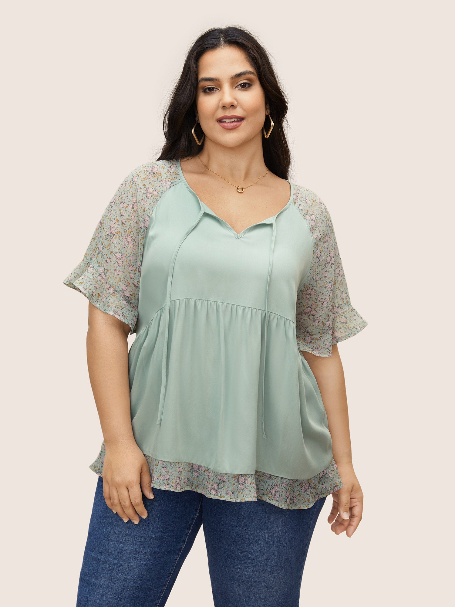 Ditsy Floral Patchwork Ties Flutter Sleeve Blouse