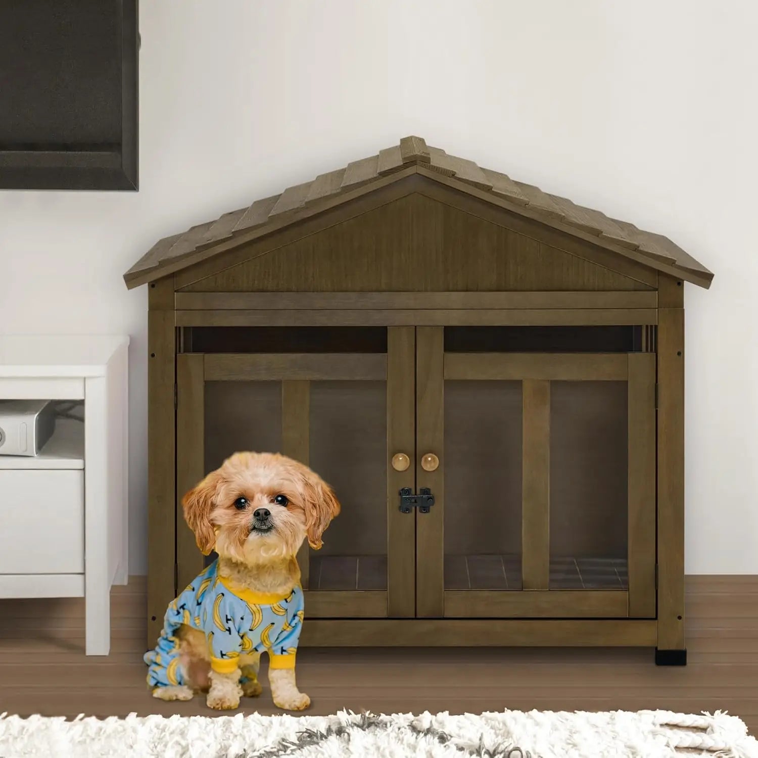 Wooden Dog House Furniture. Solid Wood Pet Kennel Indoor for Small/Medium Dogs. JD54 (Brwon. Medium)