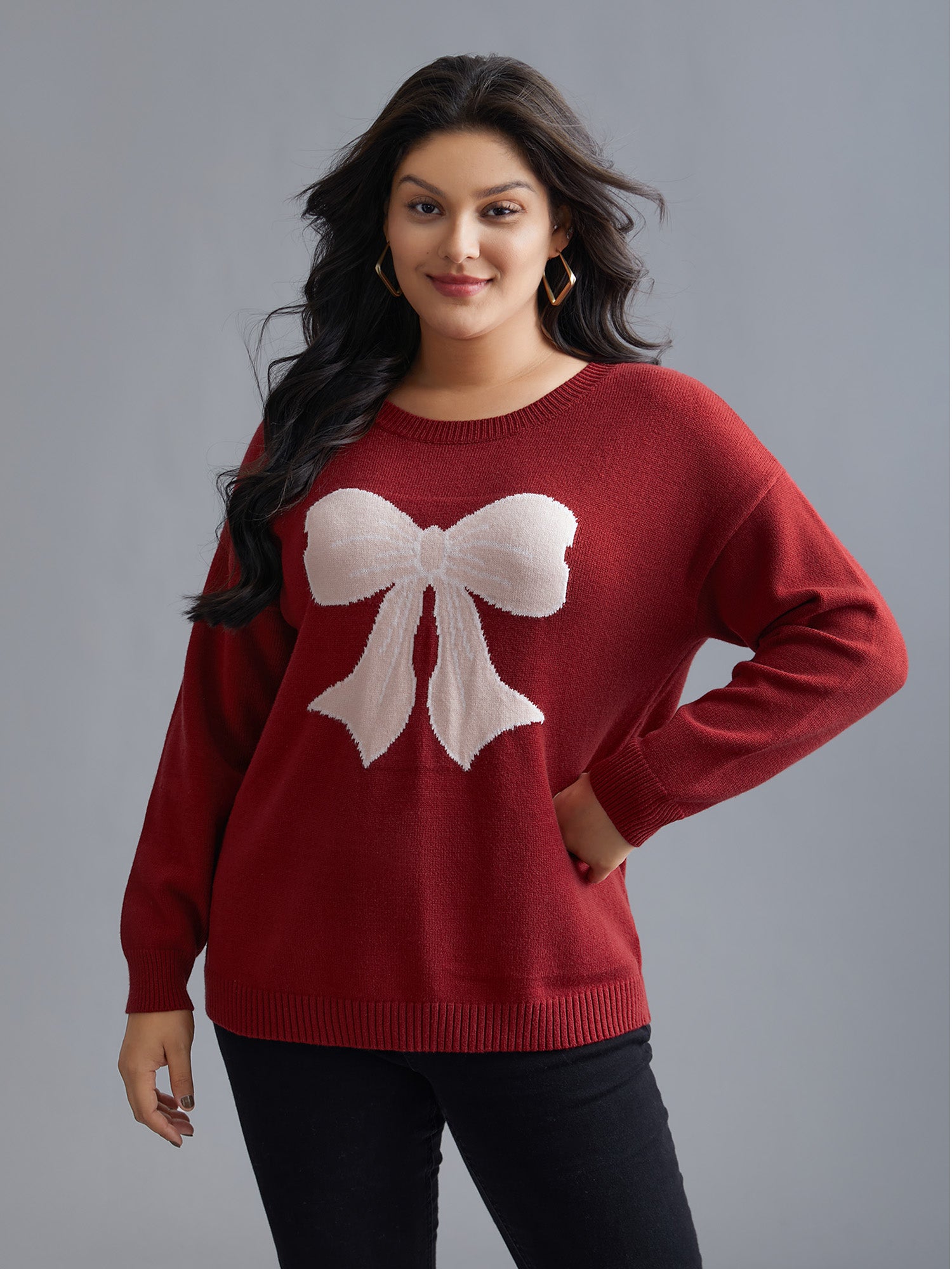 Embroidered Bow Tie Drop Shoulder Pullover