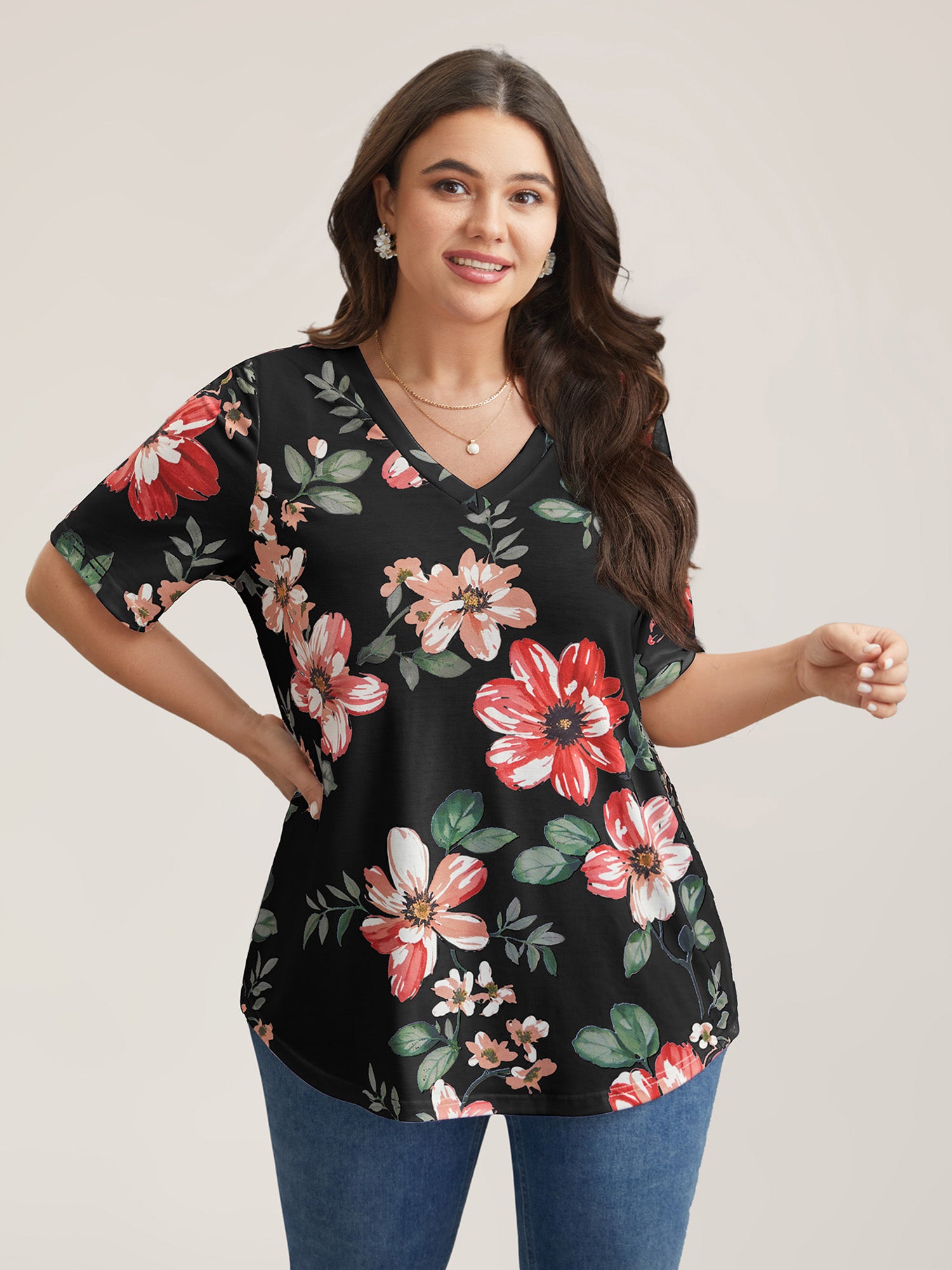Multi-Color Floral Print V-Neck T-Shirt