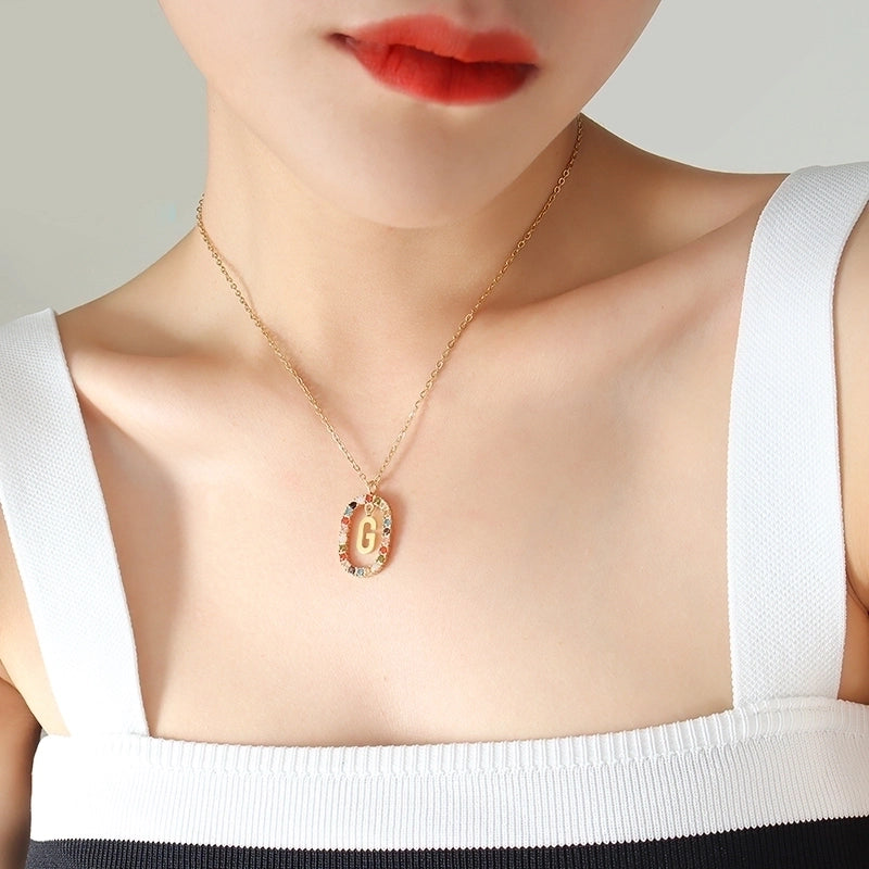 INS Style Letter Oval Titanium Steel Zircon 18K Gold Plated Inlay Necklace