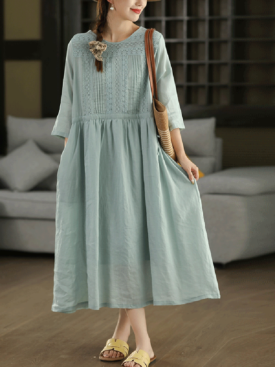 Women Summer Artsy Hook Flower Spliced V-Neck 100%Ramie Dress
