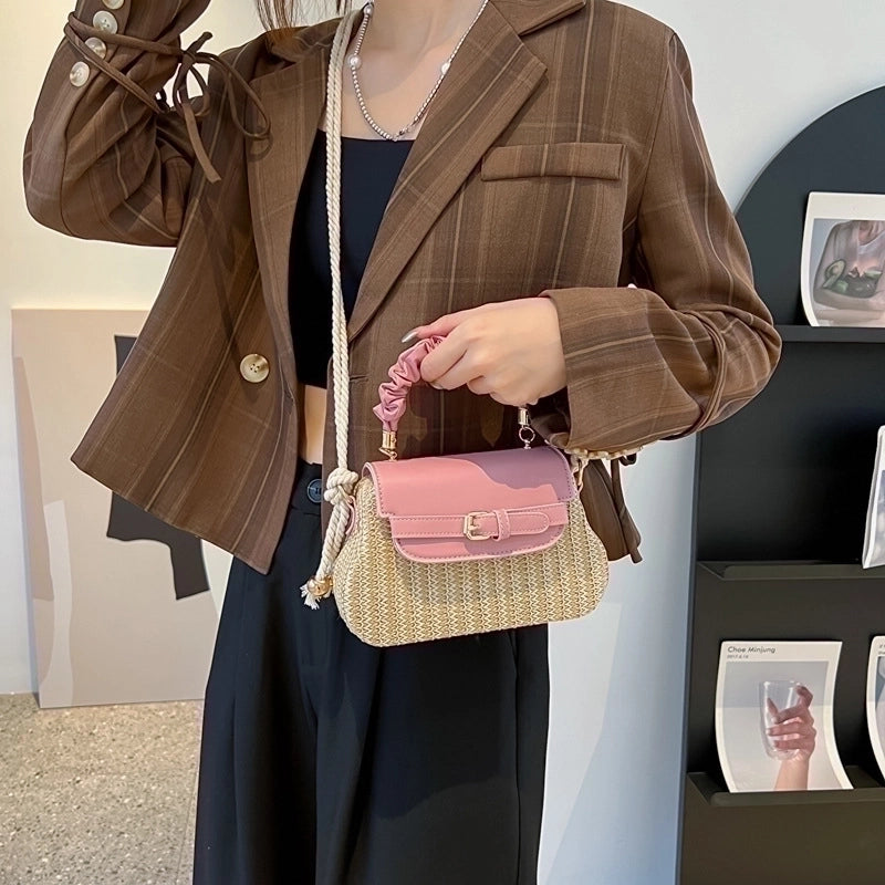 Women's Small Straw Color Block Fashion Weave Square Flip Cover Handbag