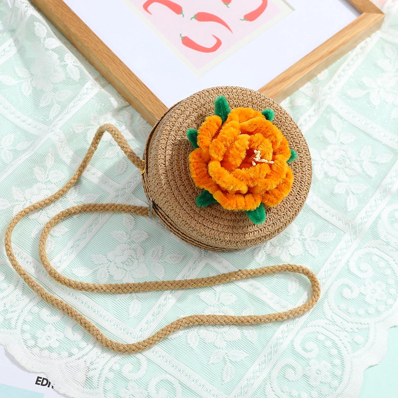 Women's Small Straw Solid Color Flower Vacation Beach Weave Round Zipper Straw Bag