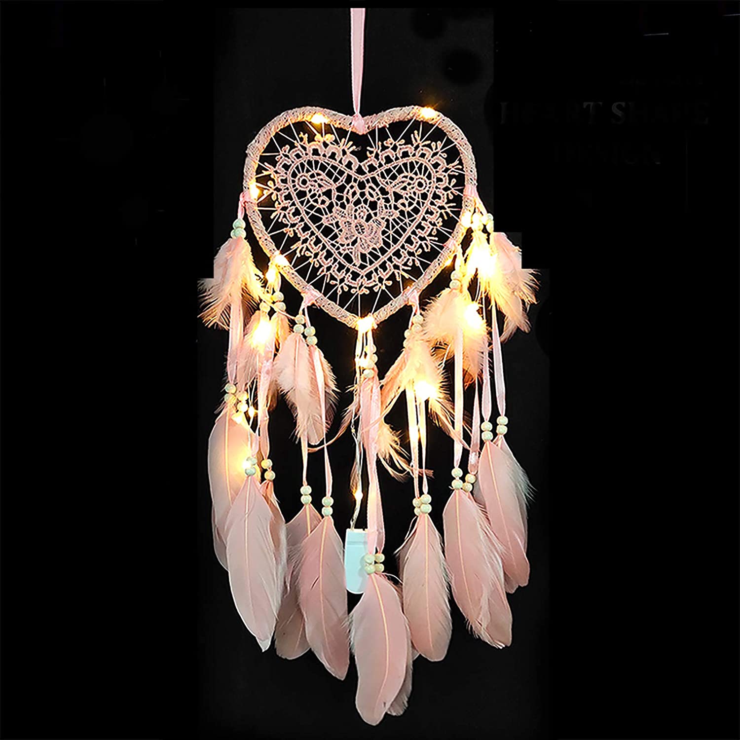 Fancy Dream Catcher With LED String Hollow Hoop Heart Shape Pendant Feathers Handmade Night Light Wall Hanging Home Decor Gift