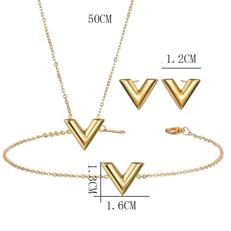 Fashion V Shape Stainless Steel Plating Bracelets Earrings Necklace