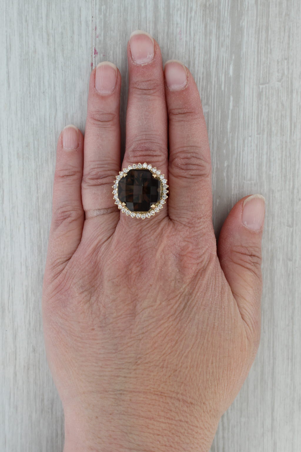18.4ctw Smoky Quartz Diamond Halo Ring 14k Yellow Gold Size 7 Cocktail