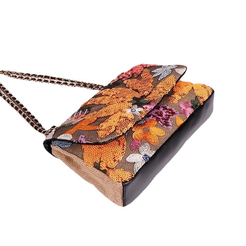 10 Pieces Women's Large Hemp Material Flower Elegant Sequins Square Flip Cover Crossbody Bag