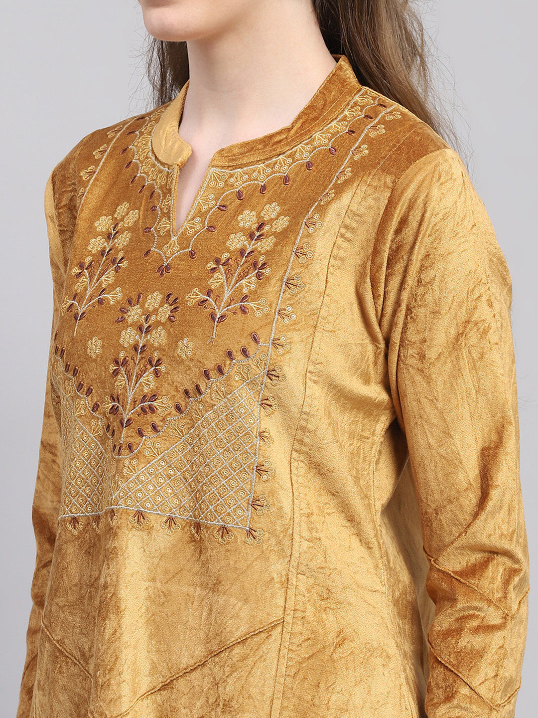 Women Mustard Embroidered Round Neck Full Sleeve Kurti Set with Stole