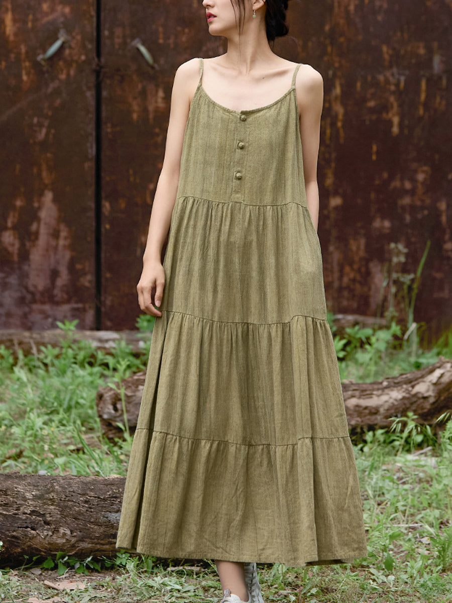 Women Summer Pure Color O-Neck Linen Maxi Vest Dress