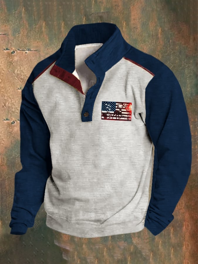 Men's Fleece Vintage Metallic Deer Stand Collar Sweatshirt