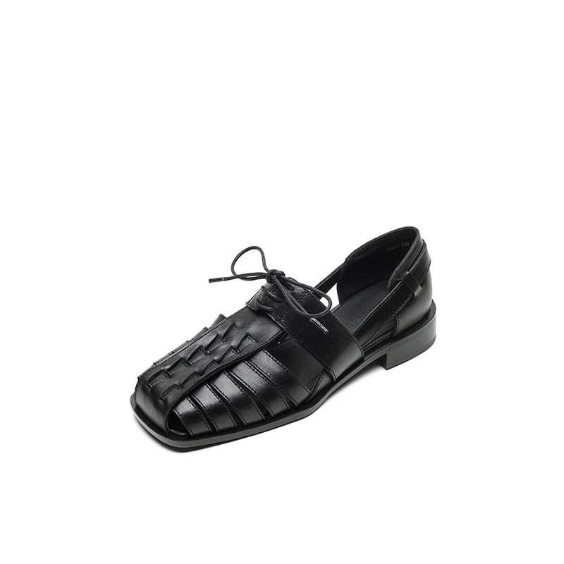 Designer Lace-Up Genuine Leather T-Strap Gladiator Fisherman Sandals for Women in Apricot/Black