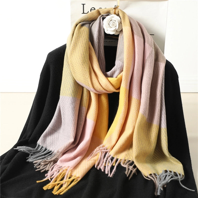 Winter New Scarf Cashmere-like Check Pattren Tassel Men's And Women's Shawl Color Matching  Casual Student Scarf