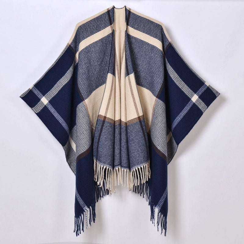 New Tassel Split Shawl Autumn And Winter Women's Simple Plaid Jacquard Scarf Cloak Hot Selling
