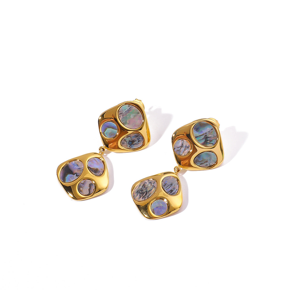 Ins Simple Design Stainless Steel Irregular Inlaid Natural Black Shell Geometric 18K Gold Earrings