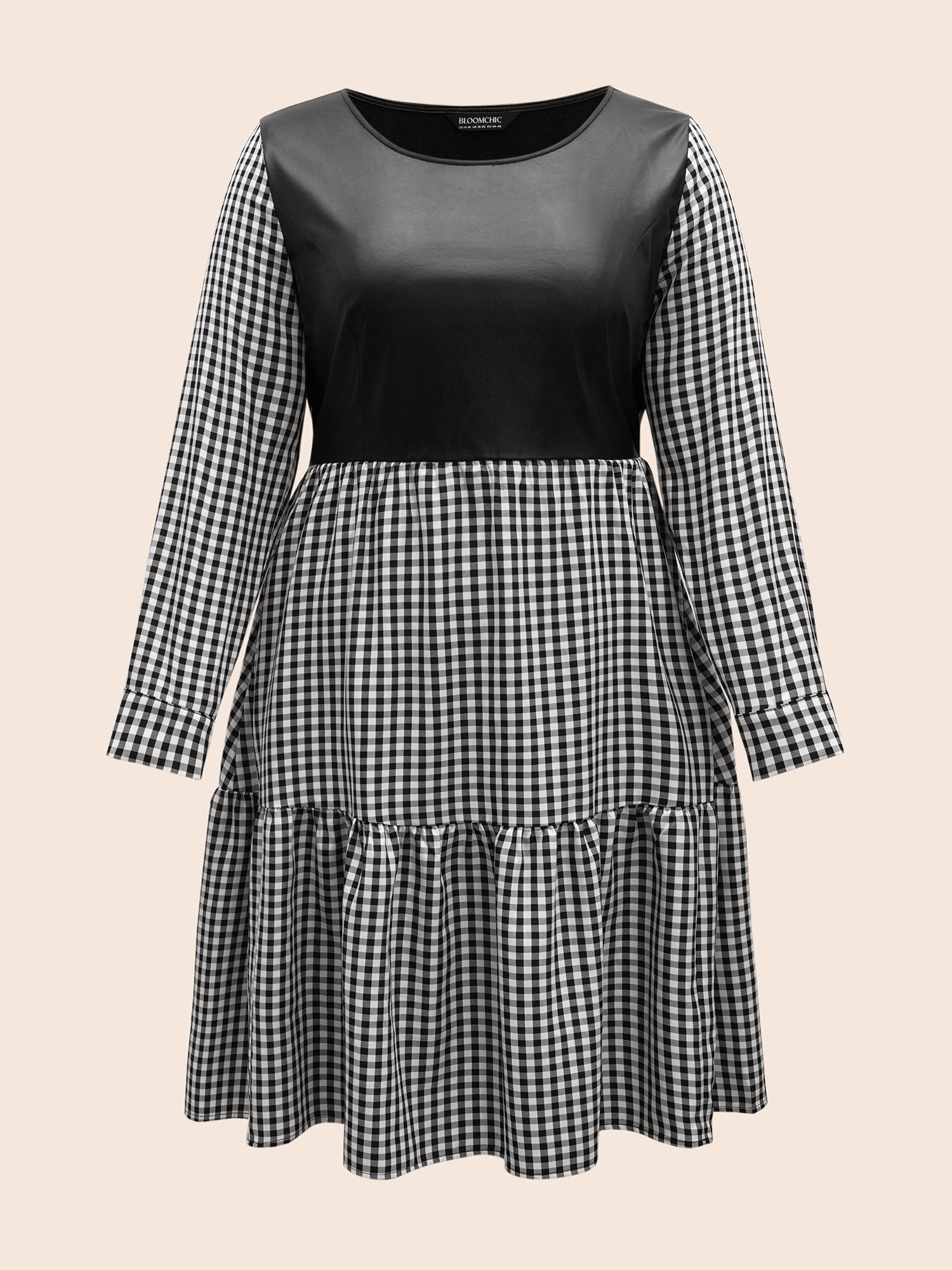 Round Neck Gingham PU Leather Dress