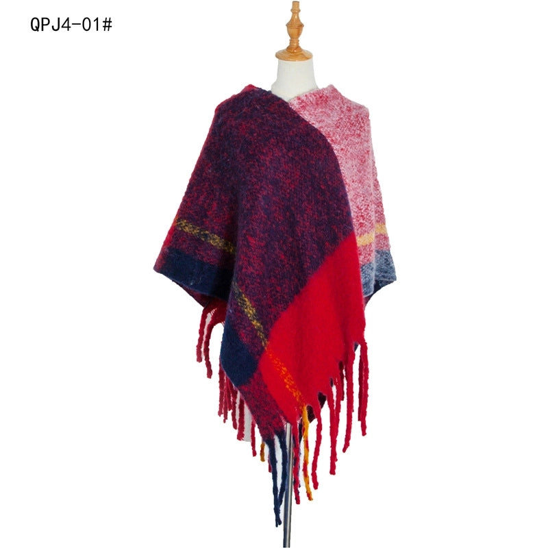 Hot Style New Autumn And Winter Women's Shawl Thick Tassel Loop Yarn Large Plaid Cloak