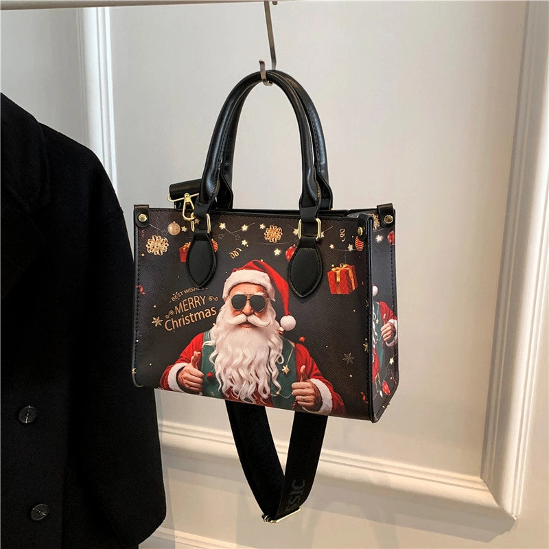 Christmas Women's Large Pu Leather Santa Claus Streetwear Square Zipper Tote Bag