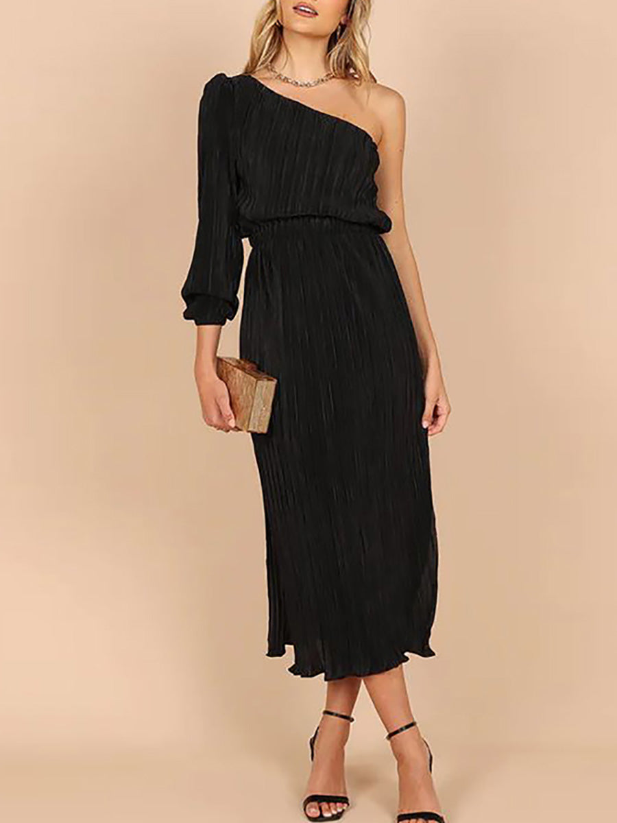 One-Shoulder Slash Neck Solid Color Party Dress(3 Colors)