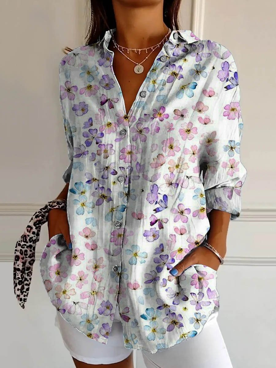 Women's Lovely Floral Breast Cancer Awareness Art Print Casual Cotton Shirt