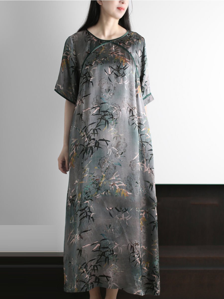 Women Summer Artsy Bamboo O-Neck Silk Loose Dress