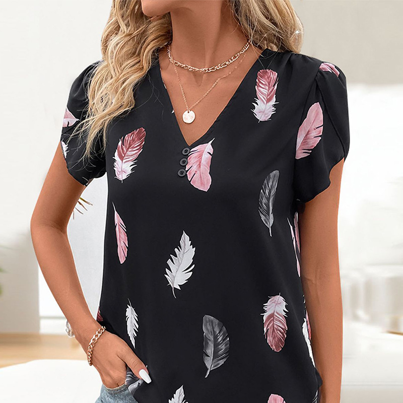 Women's Stylish Feather Pattern V-Neck Top with Puff Sleeves