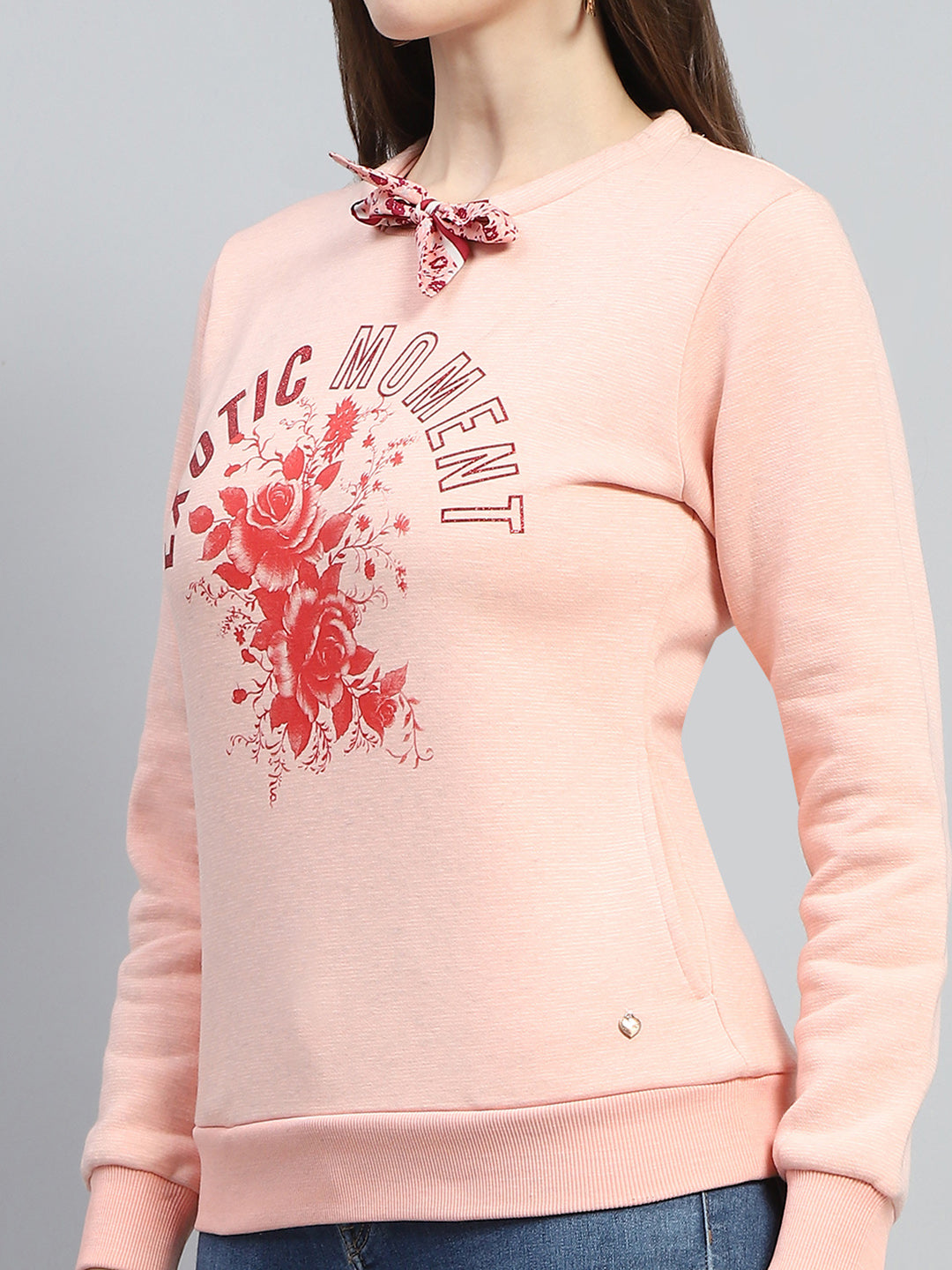 Women Peach Printed Round Neck Full Sleeve Sweatshirt