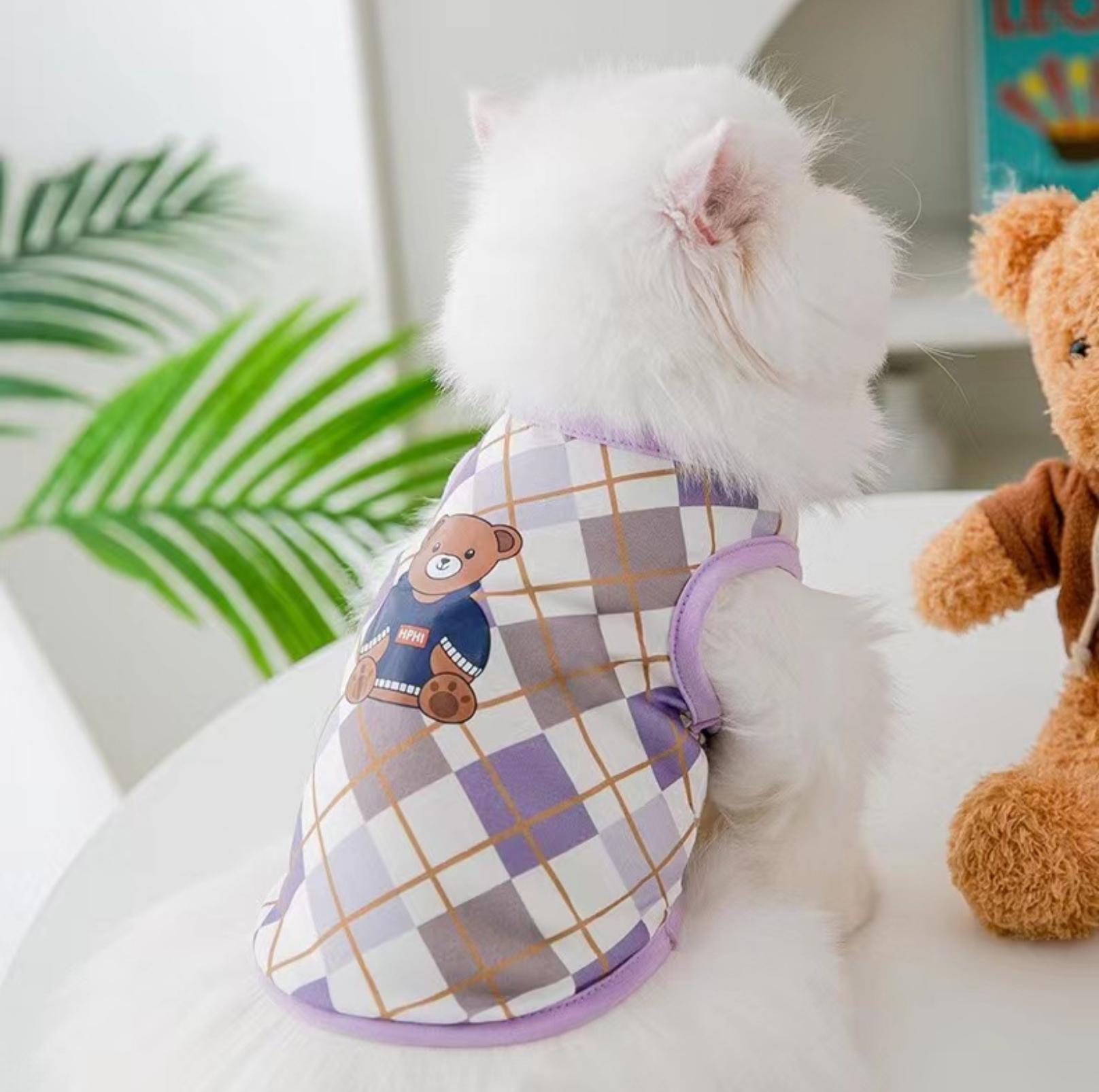 Purple Checkered Bear Print Summer Pet Vest
