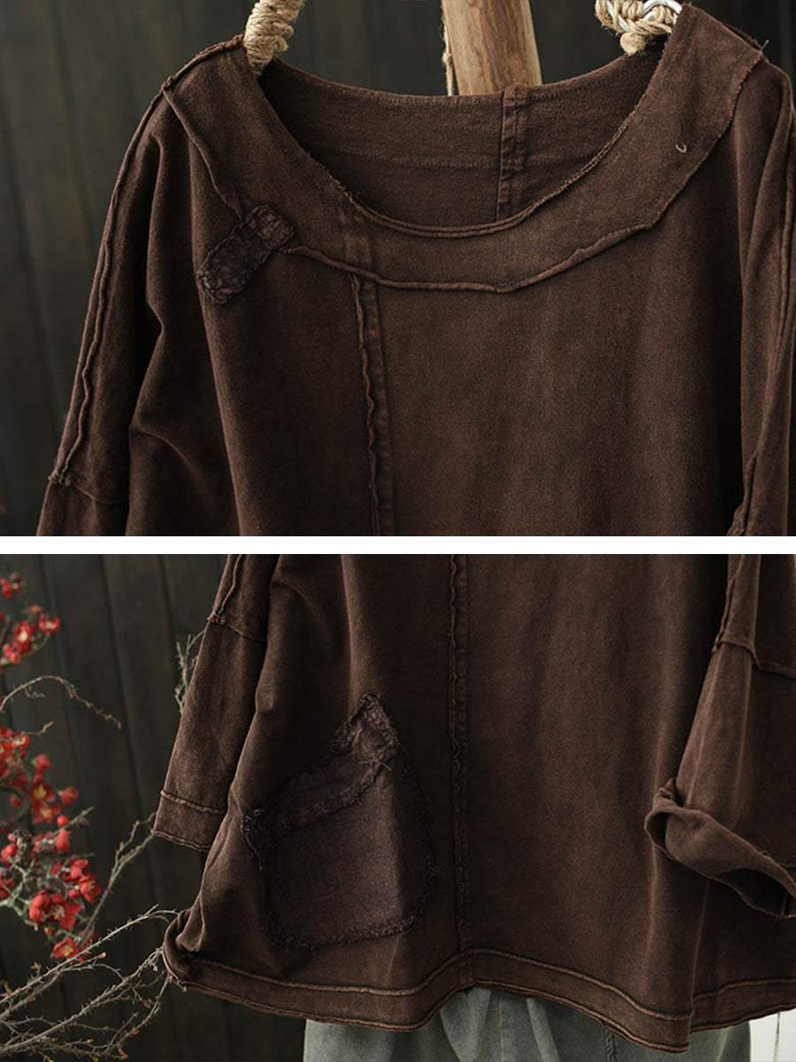 Women Summer Retro Pure Color Cotton Spliced O-Neck Shirt