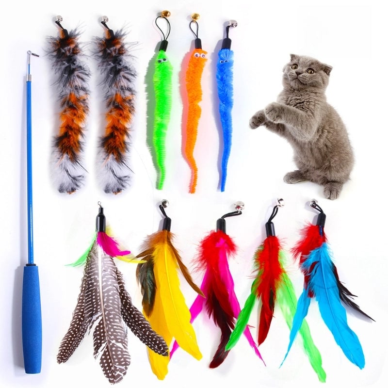 New Pet Cat Toy Telescopic Fishing Rod Feather Cat Tease Set Feather Cat Tease Rod Replacement Head Offer