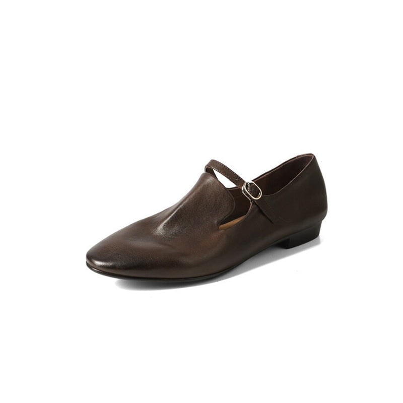 Retro Style Horse Leather Handmade Flat Shoes Mary Janes Low Heel in Black/Brown