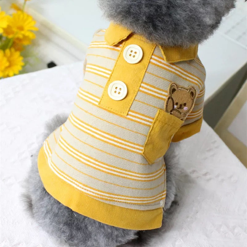 Buttoned Striped Cat Dog T-Shirt