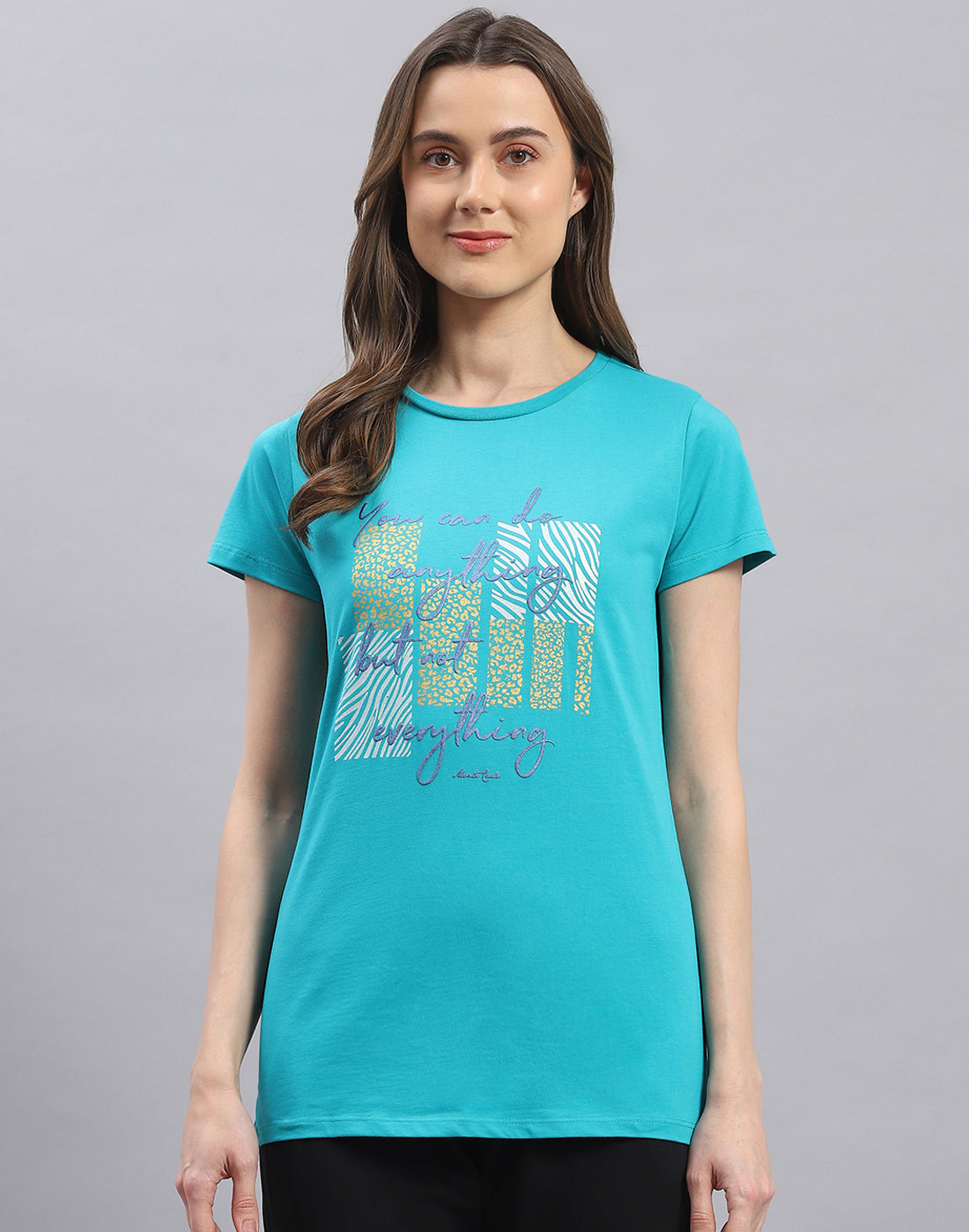 Women Off White & Turquoise Blue Printed Round Neck Half Sleeve Top 2 Pc Set