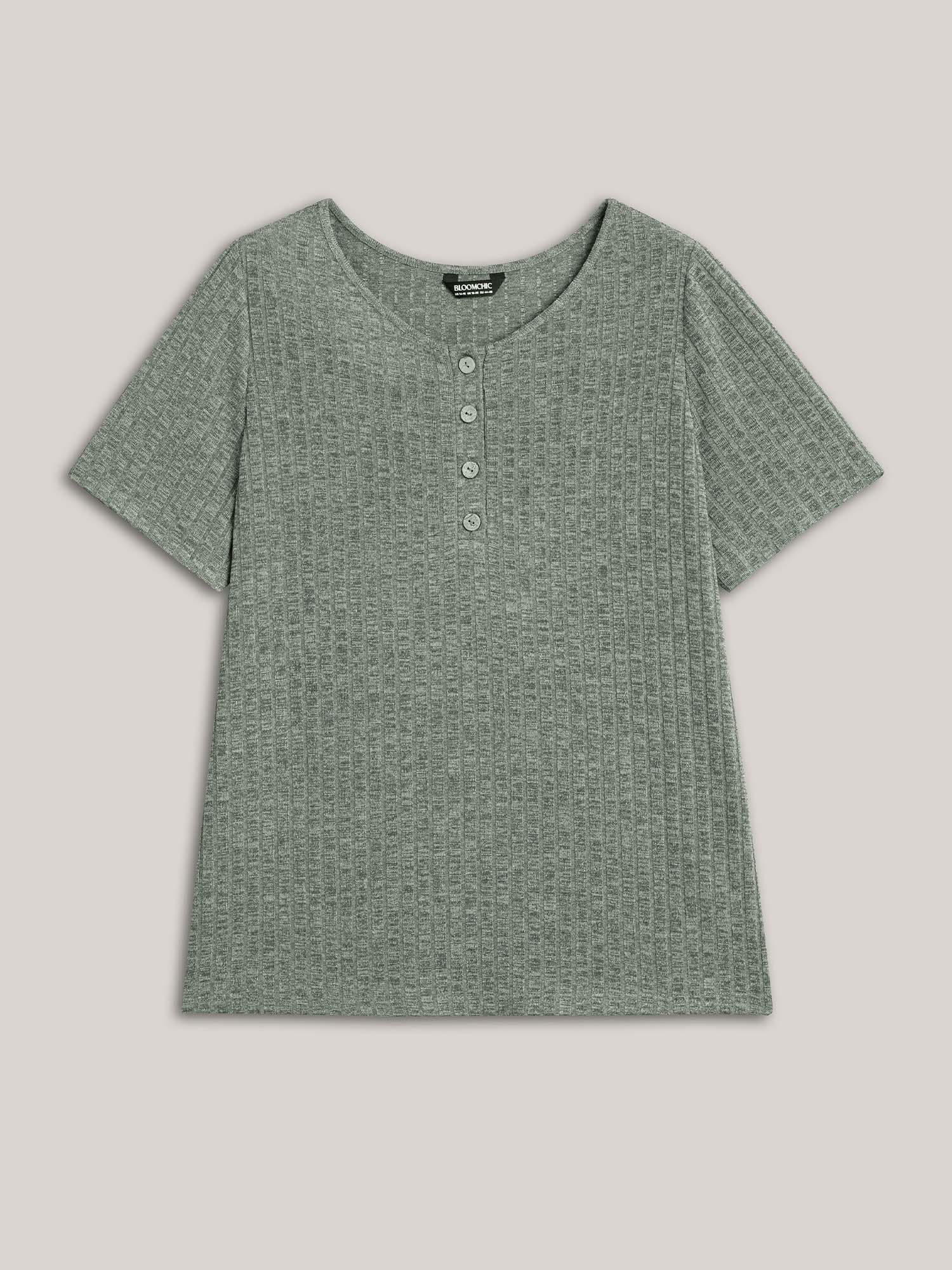 Stretchy Textured Button Half Sleeve T-Shirt