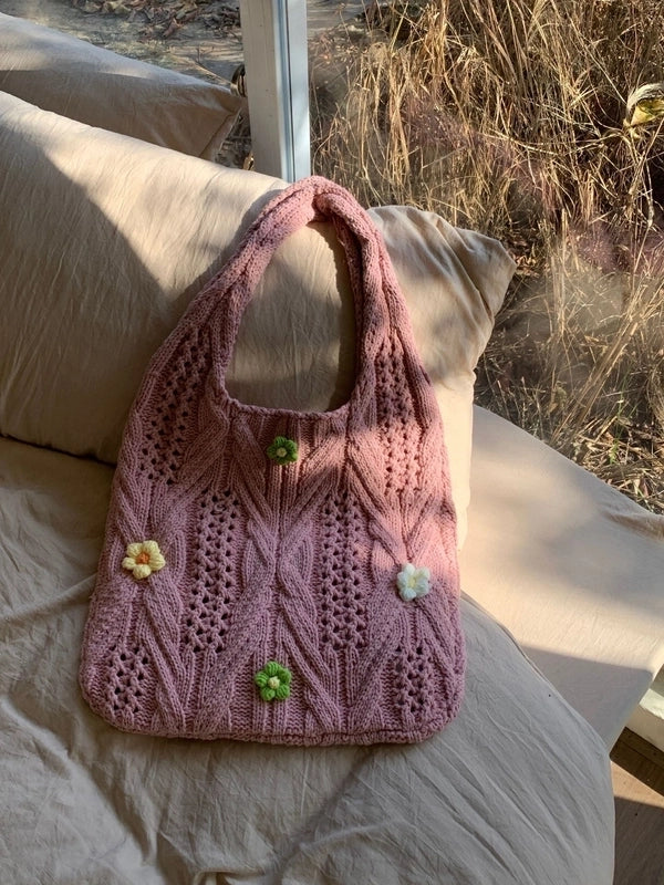 Women's Medium Knit Solid Color Flower Basic Vintage Style Weave Square Open Shoulder Bag