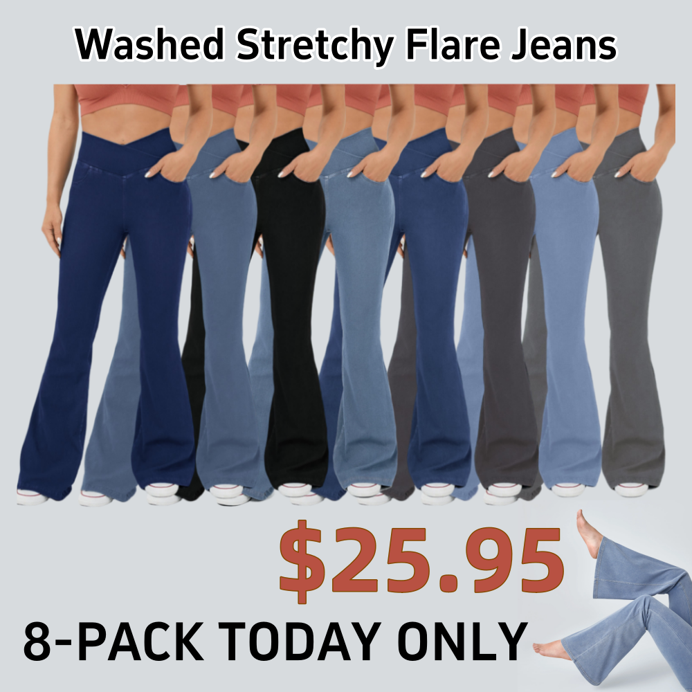 ⚡8 Packs for $25.95⚡- High Waisted Crossover Pocket Washed Stretchy Knit Casual Super Flare Jeans